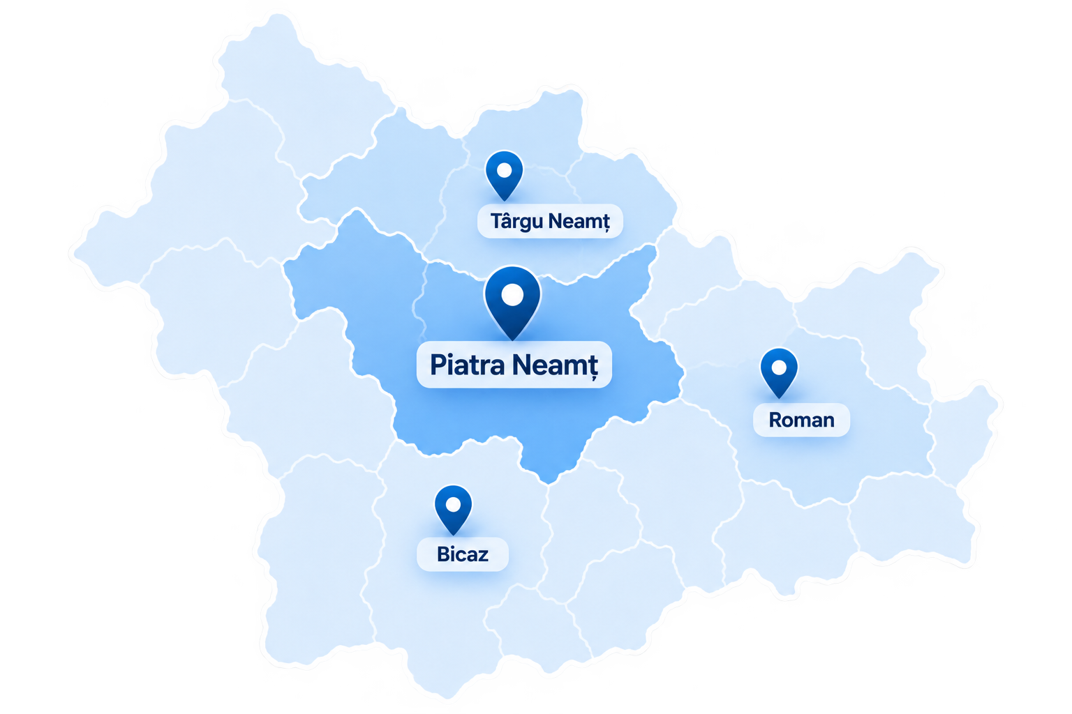 Harta zonelor deservite de Romtherm Group în județul Neamț: Piatra Neamț, Roman, Târgu Neamț, Bicaz